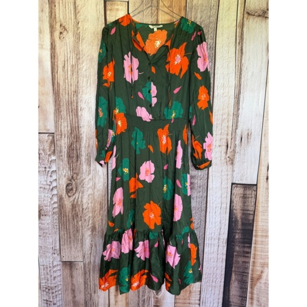 Tucker NYC Dress Juliette Evergreen Poppy Silk Blend Midi Romantic Floral Large